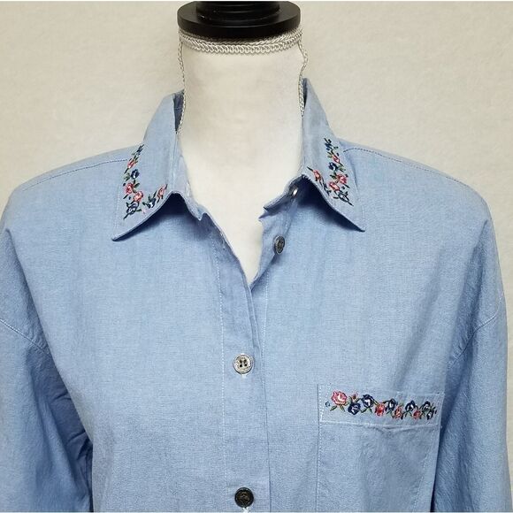VINTAGE 1990s Deadstock New Look Chambray Button Up Floral Embroidered Blouse - Picture 5 of 14